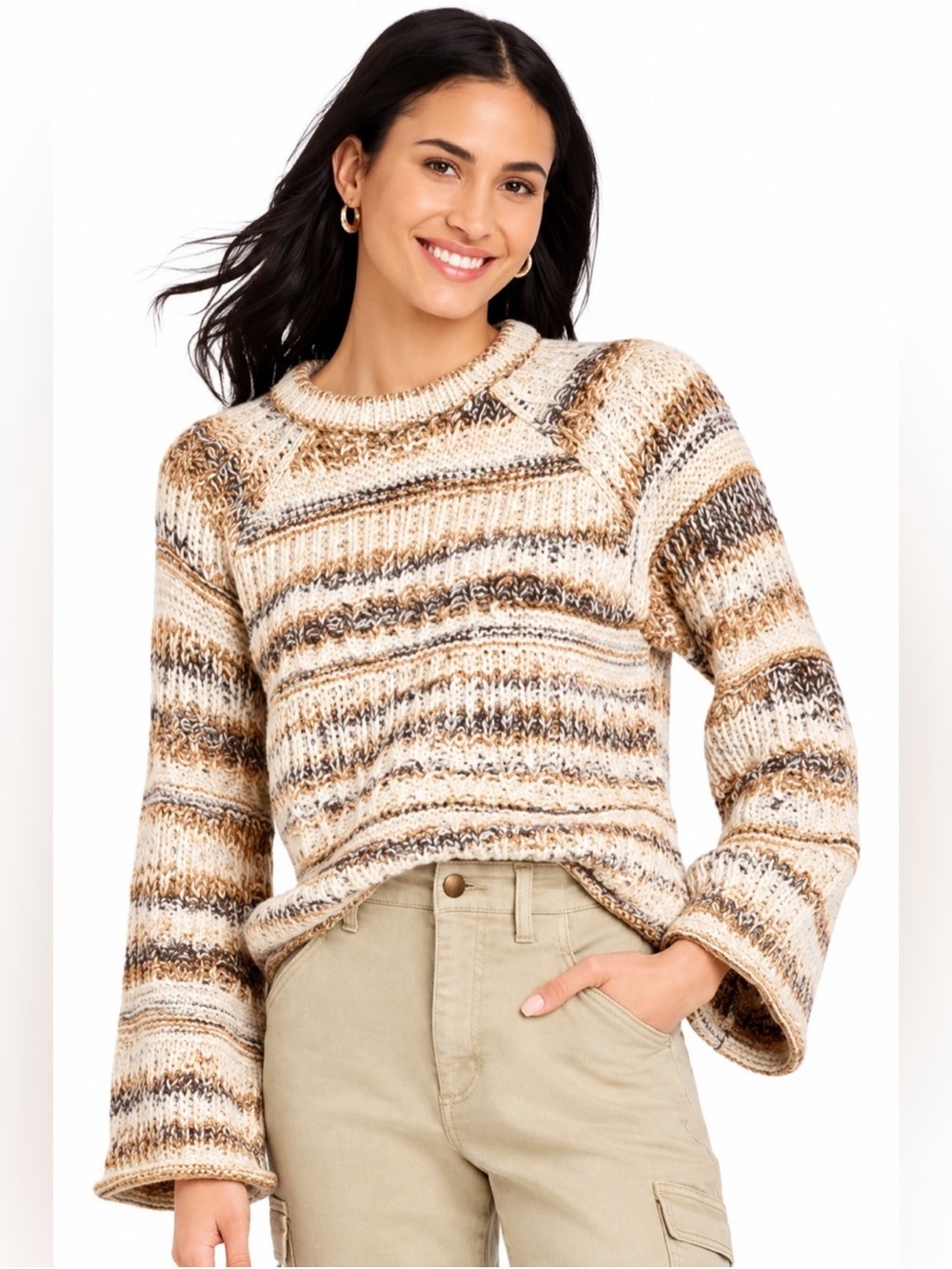 Universal Thread Cream and Brown Chunky Knit Crewneck Sweater